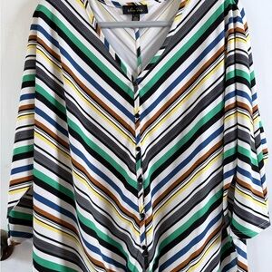 Striped V-Neck Button Front Women's Top in Green/Blue/White 95%polyester 5%spand